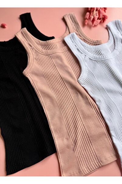 VicTroy Linea, 3’lü Siyah, Gül Kurusu ve Beyaz Renk, Ribanalı Kalın Askılı, Pamuklu Kadın Atlet