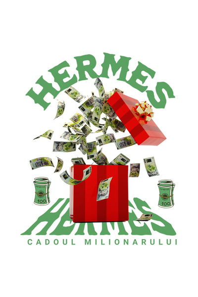 StoryGift Romania Sticker Eticheta 50CM _Hermes_ - Cadoul Milionarului cu Margini Albe, PVC Vinyl 50 cm