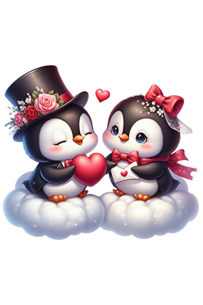 StoryGift Romania Sticker Eticheta 40CM cu 2 pinguini care stau pe nori, ilustratie, flori, scrisoare, plic, Pol