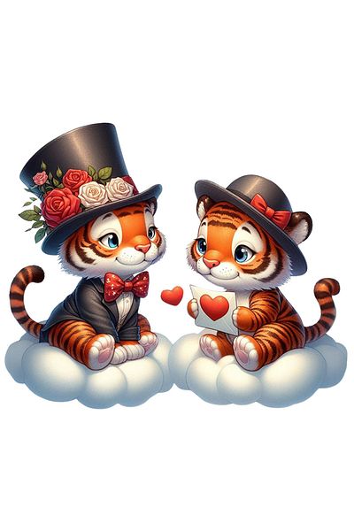 StoryGift Romania Sticker With 2 Tigers Sitting On Clouds, Illustration, Flowers, Sheet, Wild Animals, With