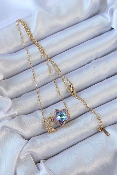 Skygo 316L Steel Chain Gold Color Moon Design Colorful Zircon Stone Flower Necklace - Tj-Bko9135
