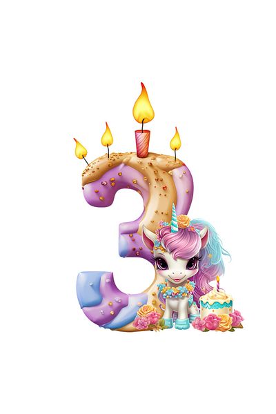 StoryGift Romania Sticker Adeziv 90CM cu cifra 3 facuta din prajitura, unicorni, ilustratie, pentru copii, tort,