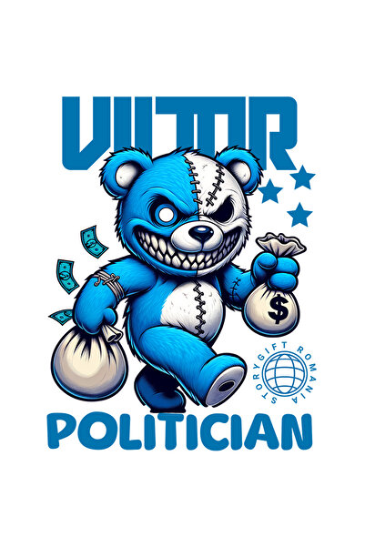 StoryGift Romania Sticker Autocolant 70CM Adeziv Urs De Plus Cu Sac De Bani Text Haios Viitor Politician cu Marg