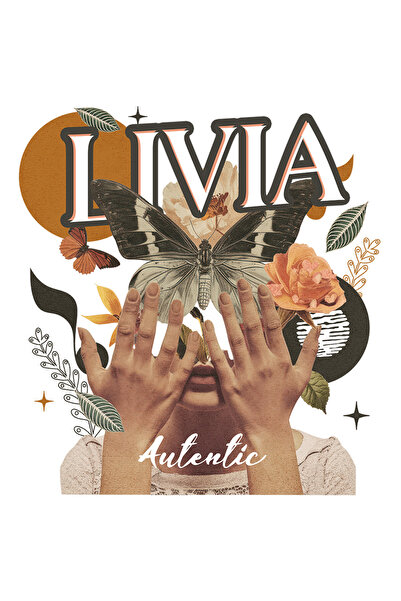 StoryGift Romania Sticker Adeziv 90CM Cu Numele Livia, Colaj Fata, Fluture, Flori, Cerc cu Margini Albe, PVC Vin