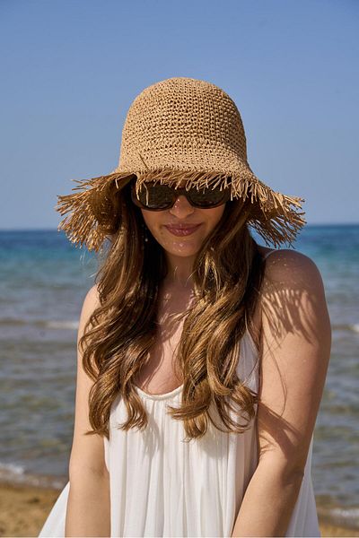 Tina İstanbul Hand Knitted Fringed Straw Hat Camel