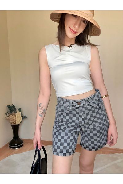 CCTWEAR Patterned High Waist Denim Shorts