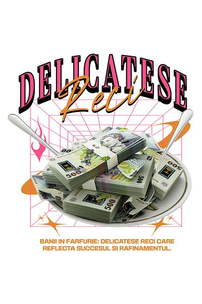 StoryGift Romania Sticker Eticheta 40CM Delicatese Reci - Banii in Farfurie cu Margini Albe, PVC Vinyl 40 cm