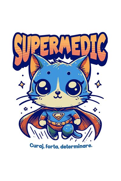 StoryGift Romania Sticker Adeziv 90CM Super Medic, SuperErou, Pisica Zburand cu Margini Albe, PVC Vinyl 90 cm