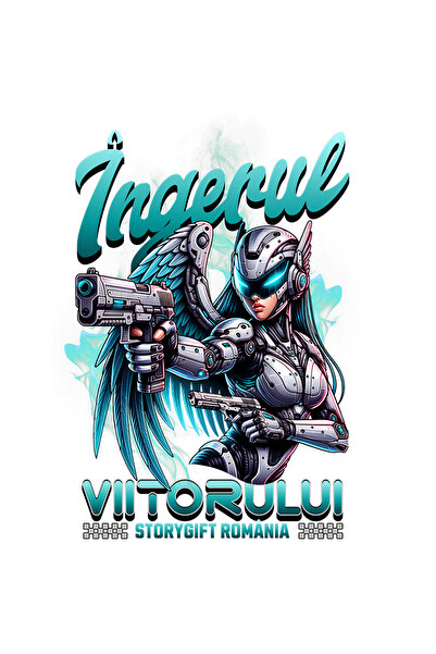 StoryGift Romania Sticker Eticheta 50CM Adeziv Femeie razboinica robot Îngerul Viitorului cu Margini Albe, PVC V