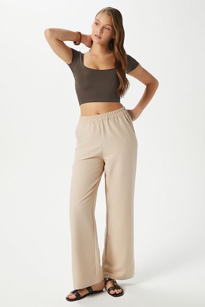 Ritnice Women's Sasha Cool Texture Waist Elastic Mink Palazzo Pants