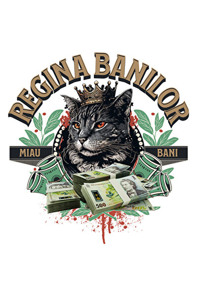 StoryGift Romania Sticker Eticheta 40CM Regina Banilor - Pisica cu Teanc de B...