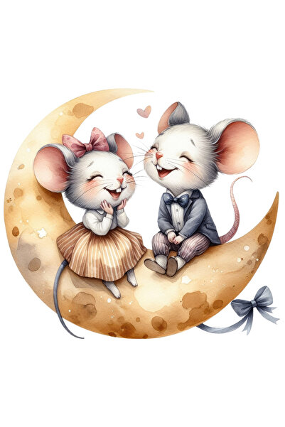 StoryGift Romania Sticker Cu 2 Soricei Care Stau Pe Semiluna, Ilustratie, Ini...