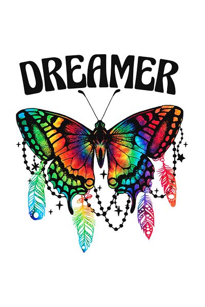 StoryGift Romania Sticker Eticheta 50CM cu fluture divers colorat cu mesajul "Dreamer", plasa de vise, insecta,