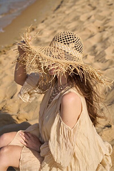 Tina İstanbul Saçaklı Geniş Hasır Şapka Bej