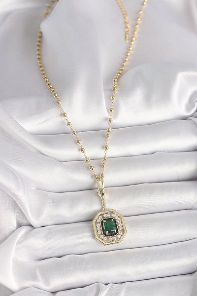 Skygo 316L Steel Gold Color Heel Chain Green Stone Seranay Model Women's Necklace - Tj-Bko9901