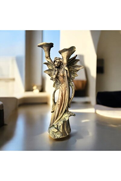 Baykuşca 2 Gözlü 35 cm Kadın Şamdan, Melek Kanatlı Mumluk, Dekoratif Heykel