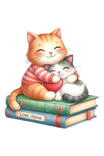 StoryGift Romania Sticker Adeziv 90CM cu 2 pisicute care stau pe carti, ilust...