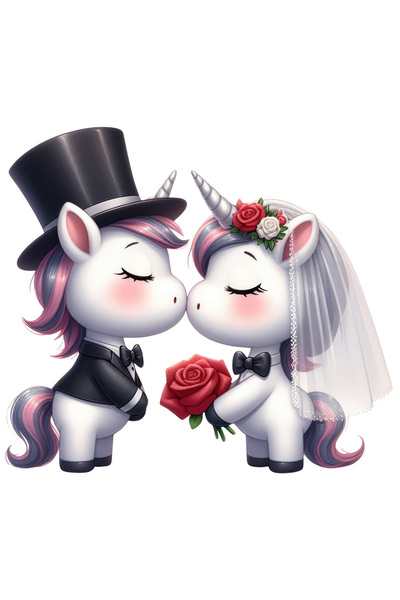 StoryGift Romania Sticker Adeziv 90CM cu 2 unicorni la nunta, flori, fericire, trandafiri, creaturi fantastice,