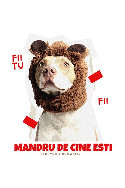 StoryGift Romania Sticker Eticheta 50CM Adeziv Text motivational fii tu caine cu palarie de urs cu Margini Albe,