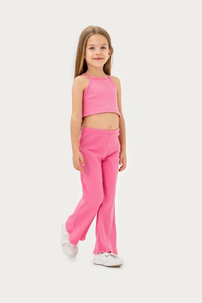 Magu Girl's Cotton Pink Ribbed Strap Crop and Wide Leg Pants 2 Piece Set