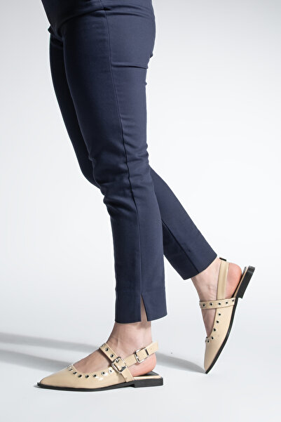 Marjin Women's Pointed Toe Trock Banded Open Back Scarf Daily Ballet Flats Parzin Beige Patent Leather