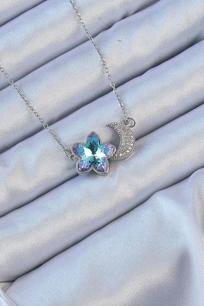 Skygo 316L Steel Chain Silver Color Moon Design Colorful Zircon Stone Flower Necklace - Tj-Bko9136