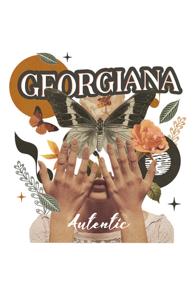 StoryGift Romania Sticker Adeziv 90CM Cu Numele Georgiana, Colaj Fata, Fluture, Flori, Cerc cu Margini Albe, PVC