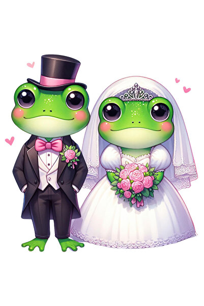 StoryGift Romania Sticker Eticheta 50CM cu 2 broaste la nunta, ilustratie, ro...