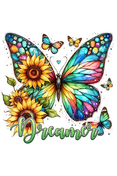 StoryGift Romania Sticker Eticheta 50CM cu fluture cu aripi multicolore si cu flori cu mesajul "Dreamer", visato