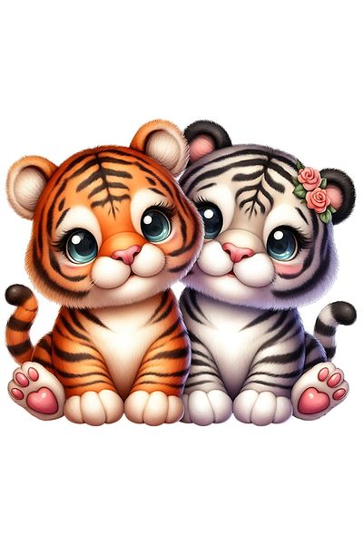 StoryGift Romania Sticker With 2 Happy Tiger Cubs, Illustration, Blushing, Flowers, Friendship, Appreciation,