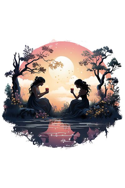 StoryGift Romania Sticker Eticheta 40CM cu 2 femei, ilustratie, copaci, natura, apa, apus, flori, peisaj, rochii