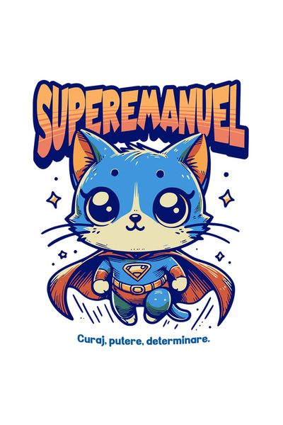 StoryGift Romania Sticker Autocolant 70CM Super Emanuel, SuperErou, Pisica Zburand cu Margini Albe, PVC Vinyl 70 cm