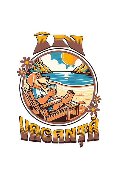 StoryGift Romania Sticker Eticheta 50CM Adeziv Caine pe sezlon pe plaja, vacanta, relaxare cu Margini Albe, PVC
