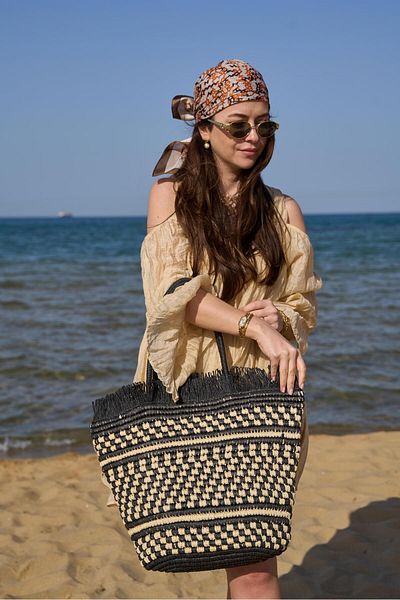 Tina İstanbul Oversize Checkerboard Patterned Straw Bag Black