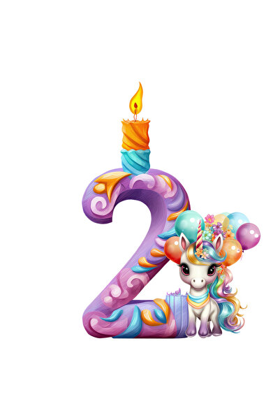 StoryGift Romania Sticker Autocolant 70CM cu cifra 2, unicorn, baloane, aniversare, ilustratie, pentru copii, lu