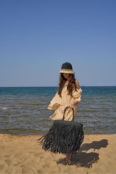 Tina İstanbul Oversize Fringed Straw Bag Black