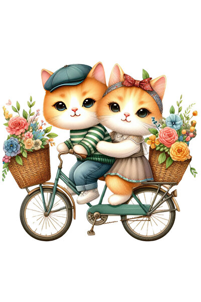 StoryGift Romania Sticker Adeziv 90CM cu 2 pisicute care se plimba cu bicicleta, ilustratie, prietenie, cosulete