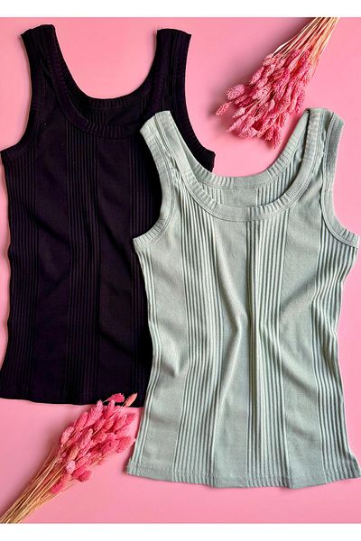 VicTroy Linea, 2-Piece Green and Black Color, Ribbed Thick Strap, Cotton Women's Undershirt