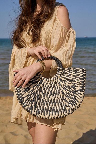 Tina İstanbul Herringbone Oval Cut Straw Bag Black Cream