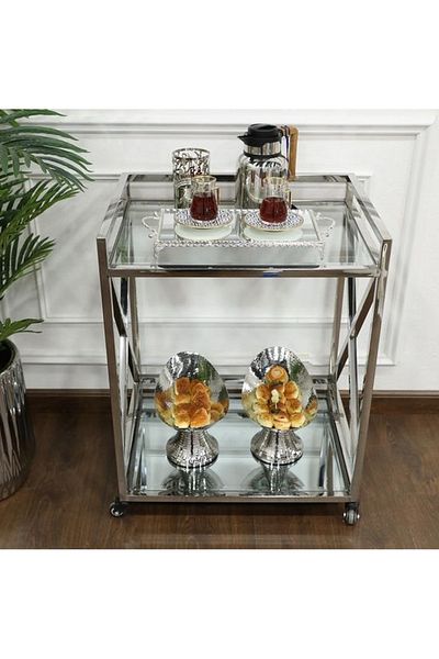 private house Taiwanese silver steel glass tea trolley