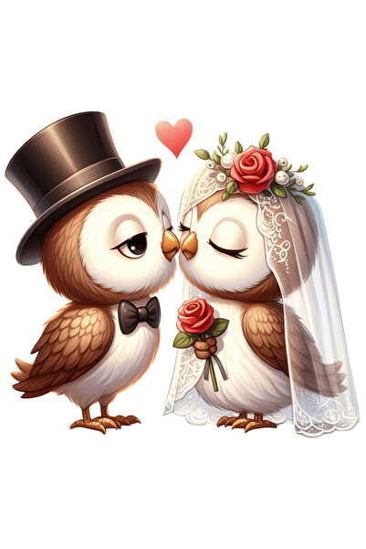 StoryGift Romania Sticker Autocolant 70CM cu 2 bufnite la nunta, ilustratie, casatorie, mireasa, ginere, palarie