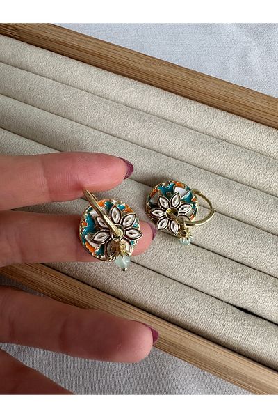 ringbox Gold Blue Dangle Stone Detailed Ethnic Earrings