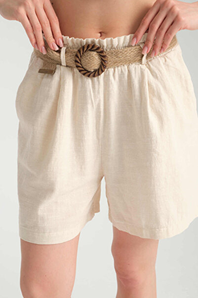 İLKCET MODA Linen Blend Women's Shorts with Belt