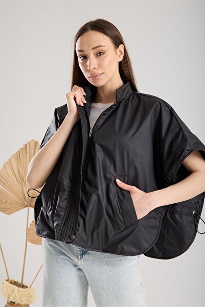 amurpars Black Oversized Transitional Mock Neck Women's Vest with Zipper Pockets