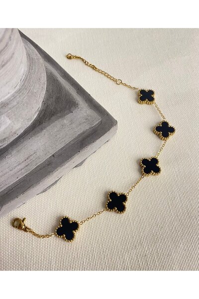 Orvix Accessories Gold Zincir Siyah Yonca Bileklik Yazlık Bileklik Abiye Bileklik Hediye Bileklik Bijuteri