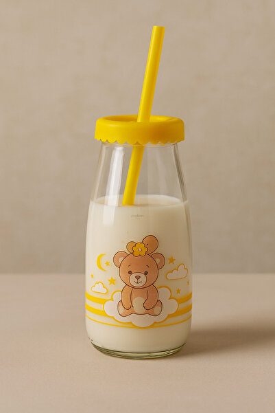 Melkan Home Pipetli Cam Şişe, Çocuk Şişesi, Sevimli Ayıcık Desenli Pipetli Cam Şişe 1 Adet - 250 ml