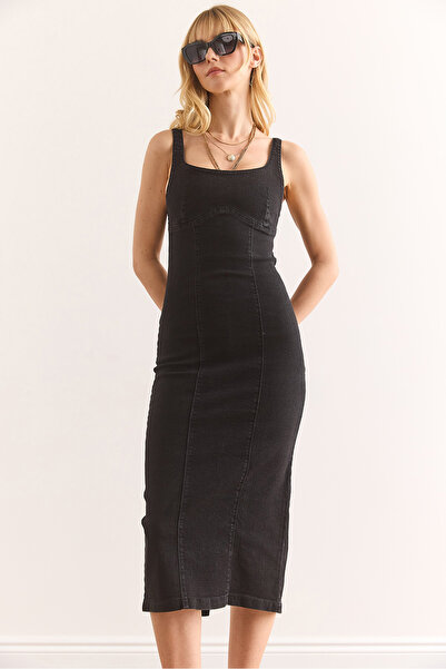 Olalook Women's Black Stitching Detailed Slit Lycra Midi Denim Dress Elb-19002405