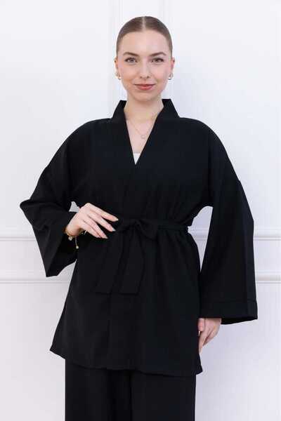 COTTOWOO Kadın Siyah Krep Kuşaklı Kimono Ceket