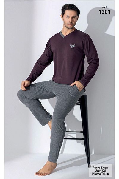 XORVİO Ανδρικό μακρυμάνικο παντελόνι Plum εποχιακό με τσέπες ελαστική μέση 100% βαμβακερή κανονική εφαρμογή πιτζάμες