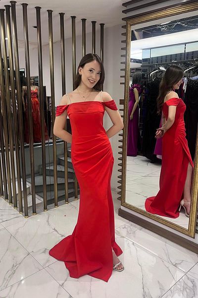 By Saygı Women's Rhinestone Thin Strap Low Sleeve Satin Madonna Collar Lined Draped Double Fish Dress